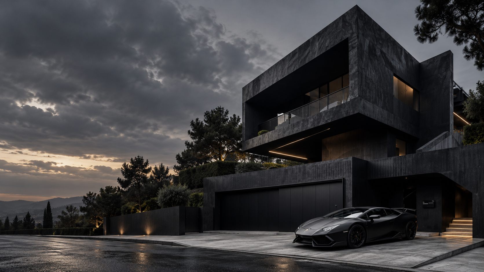 A matte black Lamborghini parked on the driveway of a black stone modern villa at dusk, storm clouds overhead