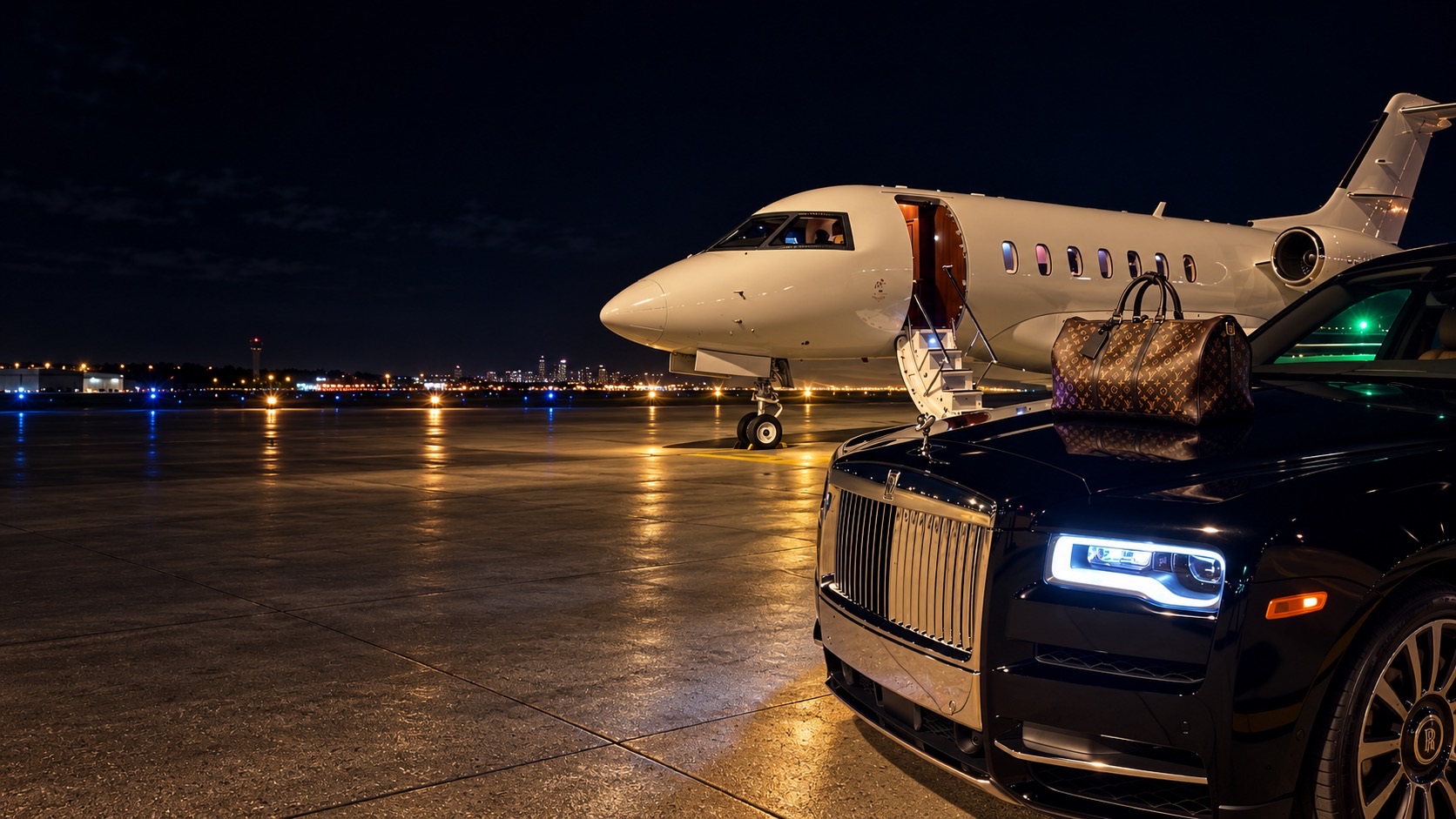 A private jet with its stairs down on a night runway, a black Rolls-Royce with a monogram duffel bag on the hood in front