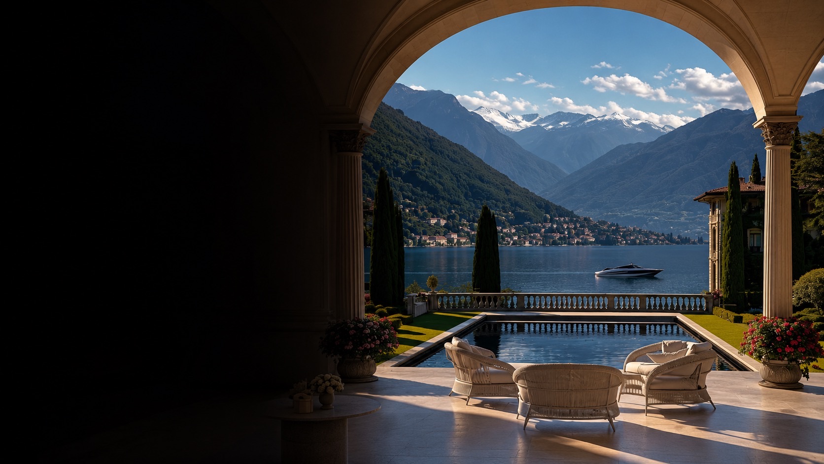 A stone archway opening onto a terrace pool above a mountain lake, a speedboat on the water